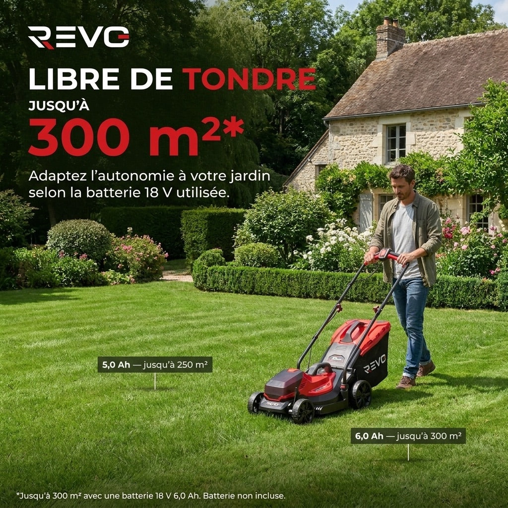 Tondeuse à Gazon sans Fil REVO Verde 33 – 18 V – Coupe 33 cm – 5 Hauteurs 25–65 mm – Bac 35 L – Jusqu’à 300 m²