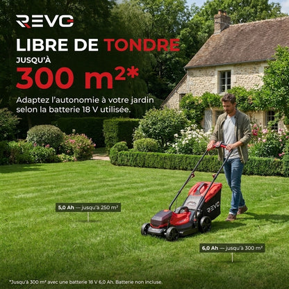 Tondeuse à Gazon sans Fil REVO Verde 33 – 18 V – Coupe 33 cm – 5 Hauteurs 25–65 mm – Bac 35 L – Jusqu’à 300 m²