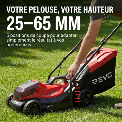 Tondeuse à Gazon sans Fil REVO Verde 33 – 18 V – Coupe 33 cm – 5 Hauteurs 25–65 mm – Bac 35 L – Jusqu’à 300 m²