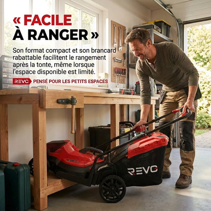 Tondeuse à Gazon sans Fil REVO Verde 33 – 18 V – Coupe 33 cm – 5 Hauteurs 25–65 mm – Bac 35 L – Jusqu’à 300 m²