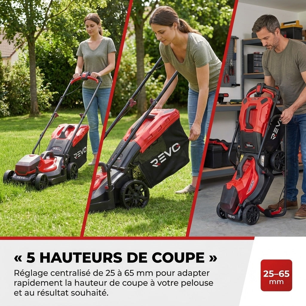Tondeuse à Gazon sans Fil REVO Verde 33 – 18 V – Coupe 33 cm – 5 Hauteurs 25–65 mm – Bac 35 L – Jusqu’à 300 m²