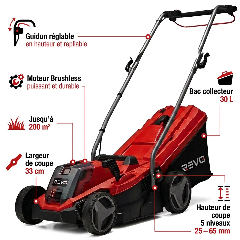 Tondeuse à Gazon sans Fil REVO Swift 200 – 18 V, 33 cm, Moteur Brushless, Batterie 4,0 Ah Incluse, Bac 30 L – Jusqu’à 200 m²