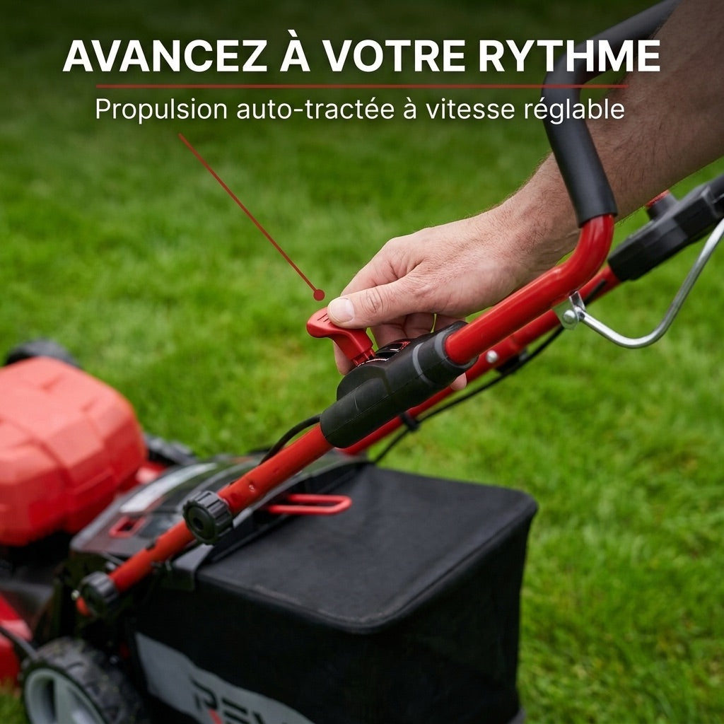 Tondeuse à Gazon sans Fil Auto-tractée REVO Force 700 – 36 V – Coupe 47 cm – 4 Batteries 4,0 Ah – Bac 75 L – Jusqu’à 700 m²