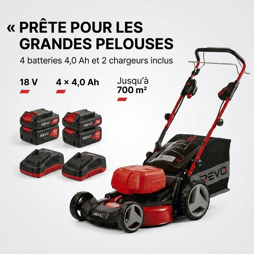 Tondeuse à Gazon sans Fil Auto-tractée REVO Force 700 – 36 V – Coupe 47 cm – 4 Batteries 4,0 Ah – Bac 75 L – Jusqu’à 700 m²