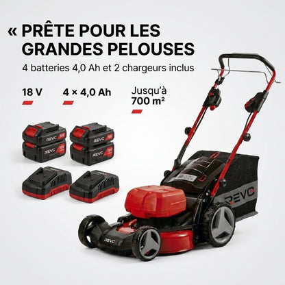 Tondeuse à Gazon sans Fil Auto-tractée REVO Force 700 – 36 V – Coupe 47 cm – 4 Batteries 4,0 Ah – Bac 75 L – Jusqu’à 700 m²