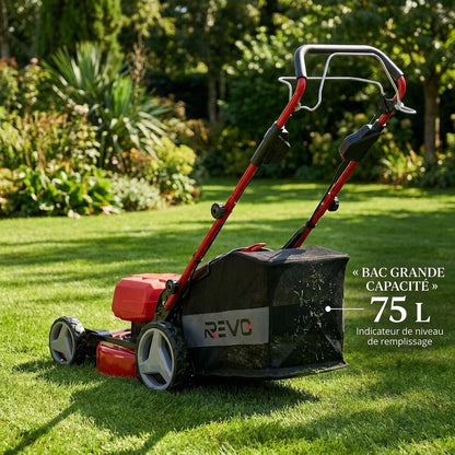 Tondeuse à Gazon sans Fil Auto-tractée REVO Force 700 – 36 V – Coupe 47 cm – 4 Batteries 4,0 Ah – Bac 75 L – Jusqu’à 700 m²
