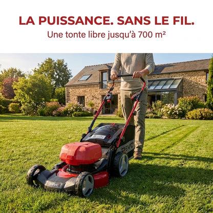 Tondeuse à Gazon sans Fil Auto-tractée REVO Force 700 – 36 V – Coupe 47 cm – 4 Batteries 4,0 Ah – Bac 75 L – Jusqu’à 700 m²