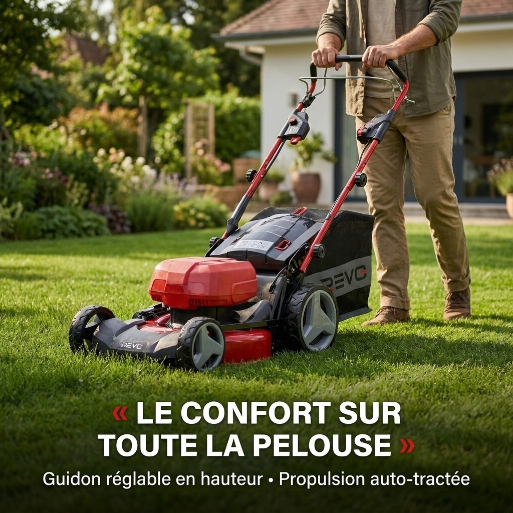 Tondeuse à Gazon sans Fil Auto-tractée REVO Force 700 – 36 V – Coupe 47 cm – 4 Batteries 4,0 Ah – Bac 75 L – Jusqu’à 700 m²