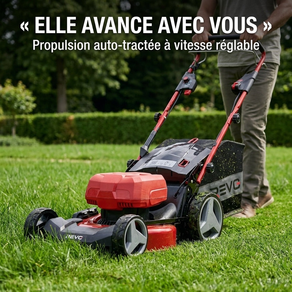 Tondeuse à Gazon sans Fil Auto-tractée REVO Force 700 – 36 V – Coupe 47 cm – 4 Batteries 4,0 Ah – Bac 75 L – Jusqu’à 700 m²
