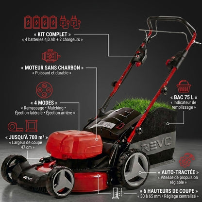 Tondeuse à Gazon sans Fil Auto-tractée REVO Force 700 – 36 V – Coupe 47 cm – 4 Batteries 4,0 Ah – Bac 75 L – Jusqu’à 700 m²