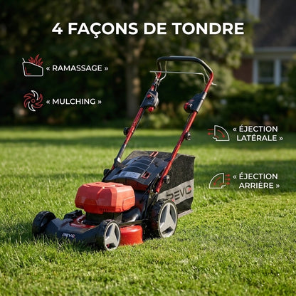Tondeuse à Gazon sans Fil Auto-tractée REVO Force 700 – 36 V – Coupe 47 cm – 4 Batteries 4,0 Ah – Bac 75 L – Jusqu’à 700 m²