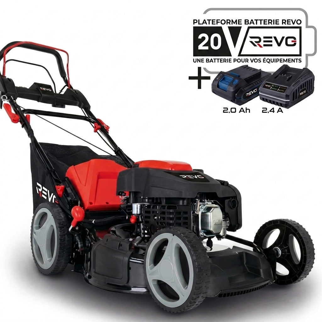 Tondeuse à Gazon Thermique Autotractée REVO Dominus 53 – 224 cm³ / 6 CV – Coupe 53 cm – Démarrage Électrique 20 V – Bac 65 L – Jusqu’à 1 800 m²