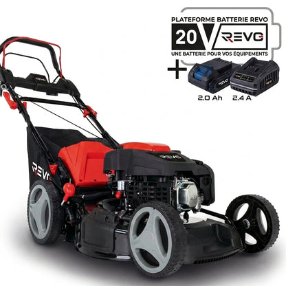 Tondeuse à Gazon Thermique Autotractée REVO Dominus 53 – 224 cm³ / 6 CV – Coupe 53 cm – Démarrage Électrique 20 V – Bac 65 L – Jusqu’à 1 800 m²