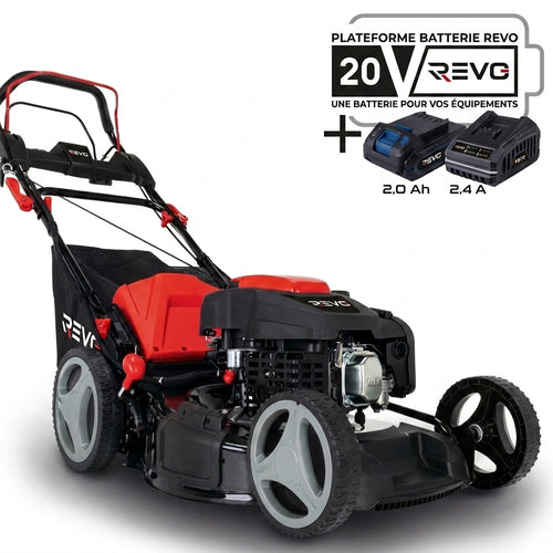 Tondeuse à Gazon Thermique Autotractée REVO Dominus 53 – 224 cm³ / 6 CV – Coupe 53 cm – Démarrage Électrique 20 V – Bac 65 L – Jusqu’à 1 800 m²