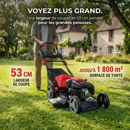 Tondeuse à Gazon Thermique Autotractée REVO Dominus 53 – 224 cm³ / 6 CV – Coupe 53 cm – Démarrage Électrique 20 V – Bac 65 L – Jusqu’à 1 800 m²