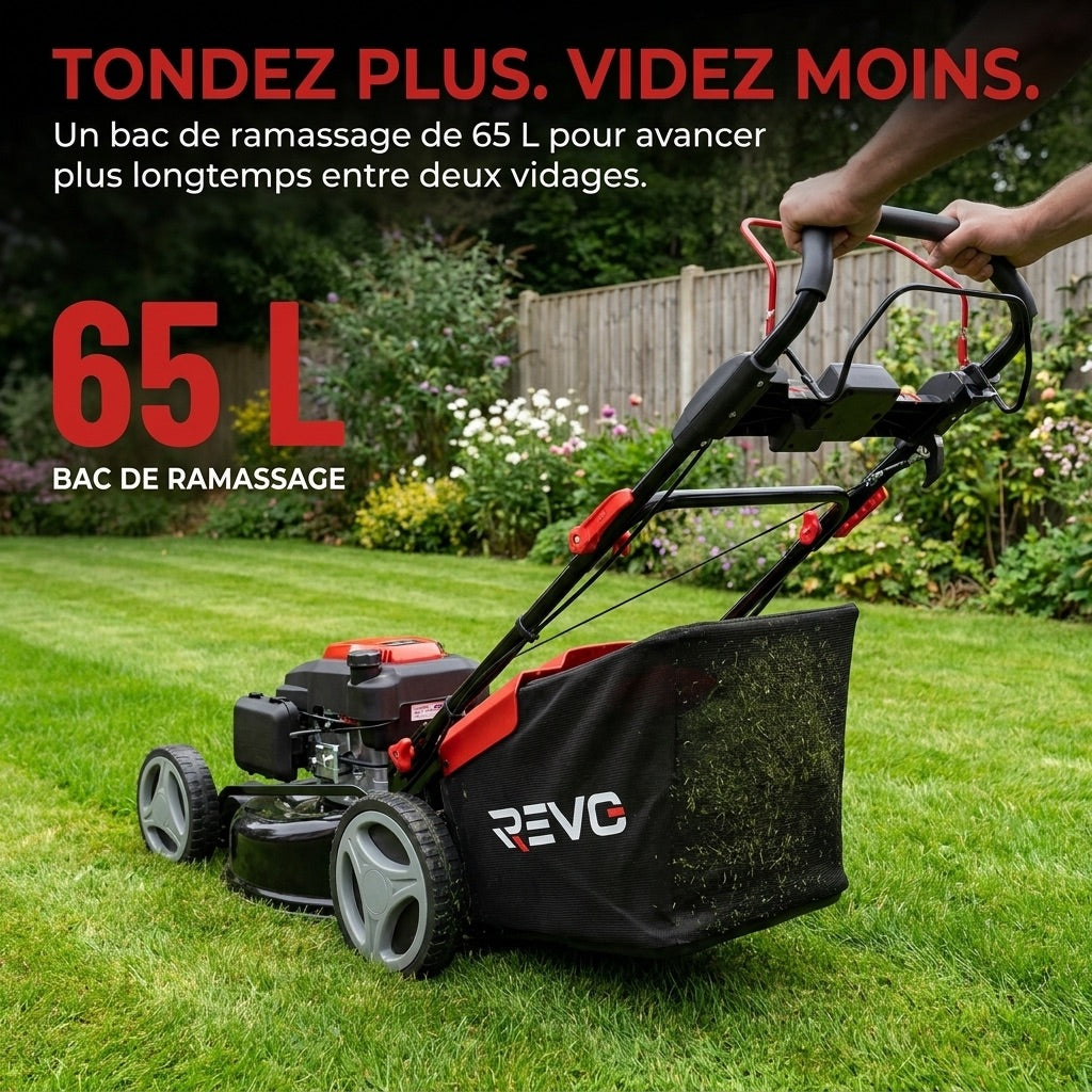 Tondeuse à Gazon Thermique Autotractée REVO Dominus 53 – 224 cm³ / 6 CV – Coupe 53 cm – Démarrage Électrique 20 V – Bac 65 L – Jusqu’à 1 800 m²