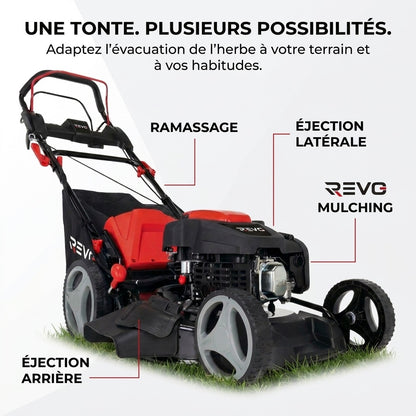 Tondeuse à Gazon Thermique Autotractée REVO Dominus 53 – 224 cm³ / 6 CV – Coupe 53 cm – Démarrage Électrique 20 V – Bac 65 L – Jusqu’à 1 800 m²