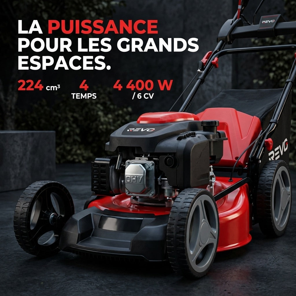 Tondeuse à Gazon Thermique Autotractée REVO Dominus 53 – 224 cm³ / 6 CV – Coupe 53 cm – Démarrage Électrique 20 V – Bac 65 L – Jusqu’à 1 800 m²