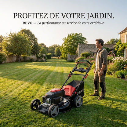 Tondeuse à Gazon Thermique Autotractée REVO Dominus 53 – 224 cm³ / 6 CV – Coupe 53 cm – Démarrage Électrique 20 V – Bac 65 L – Jusqu’à 1 800 m²