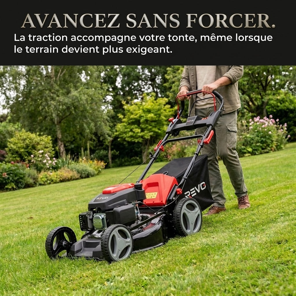 Tondeuse à Gazon Thermique Autotractée REVO Dominus 53 – 224 cm³ / 6 CV – Coupe 53 cm – Démarrage Électrique 20 V – Bac 65 L – Jusqu’à 1 800 m²