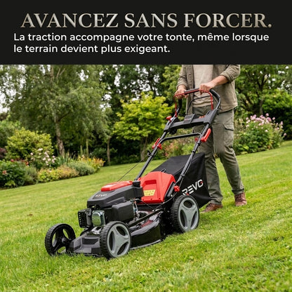 Tondeuse à Gazon Thermique Autotractée REVO Dominus 53 – 224 cm³ / 6 CV – Coupe 53 cm – Démarrage Électrique 20 V – Bac 65 L – Jusqu’à 1 800 m²