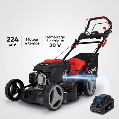 Tondeuse à Gazon Thermique Autotractée REVO Dominus 53 – 224 cm³ / 6 CV – Coupe 53 cm – Démarrage Électrique 20 V – Bac 65 L – Jusqu’à 1 800 m²