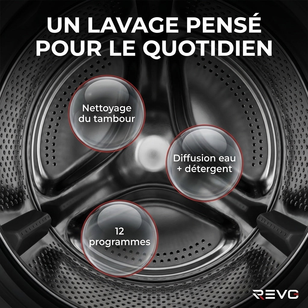 Lave-Linge REVO Pure 7 – Machine à Laver 7 kg – Classe A – 1 200 tr/min – 12 Programmes – Vapeur
