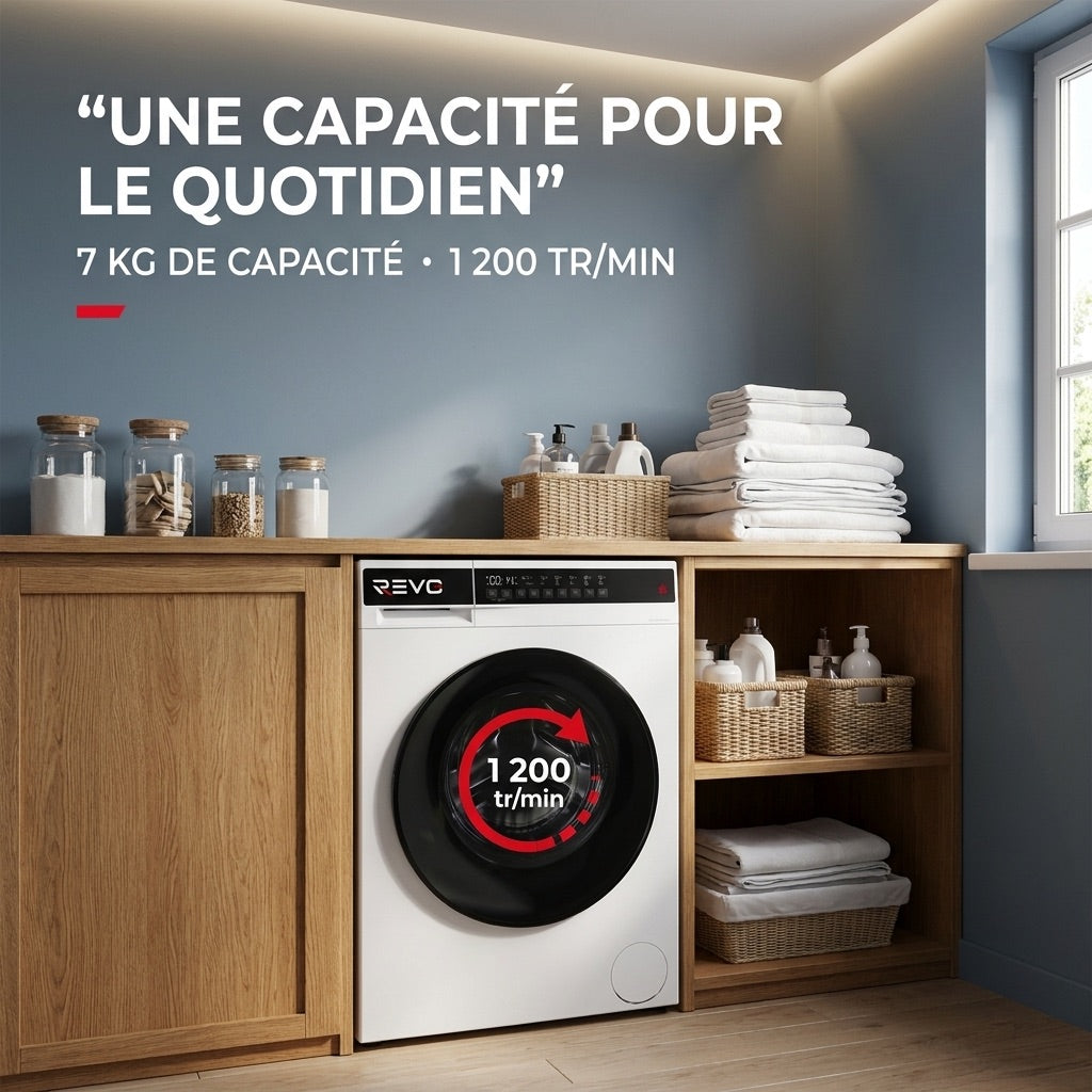 Lave-Linge REVO Pure 7 – Machine à Laver 7 kg – Classe A – 1 200 tr/min – 12 Programmes – Vapeur