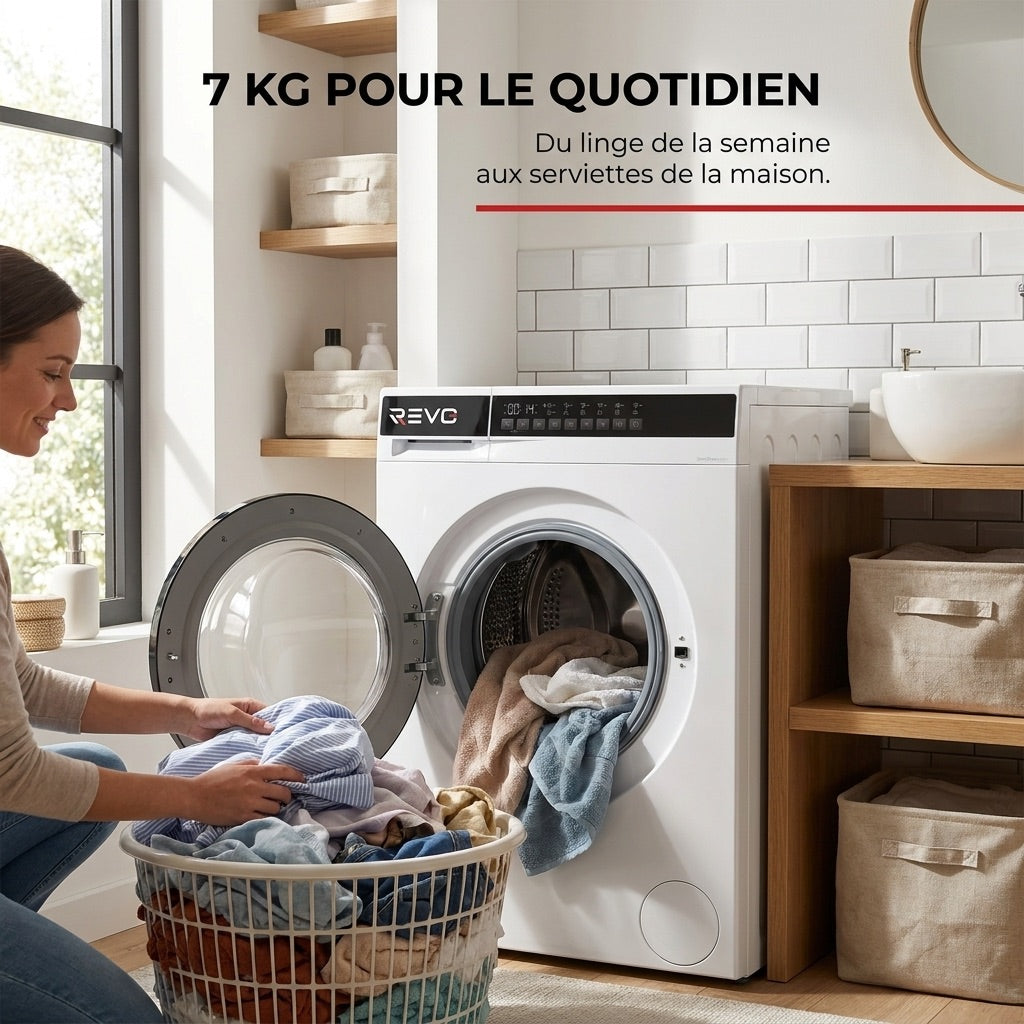 Lave-Linge REVO Pure 7 – Machine à Laver 7 kg – Classe A – 1 200 tr/min – 12 Programmes – Vapeur