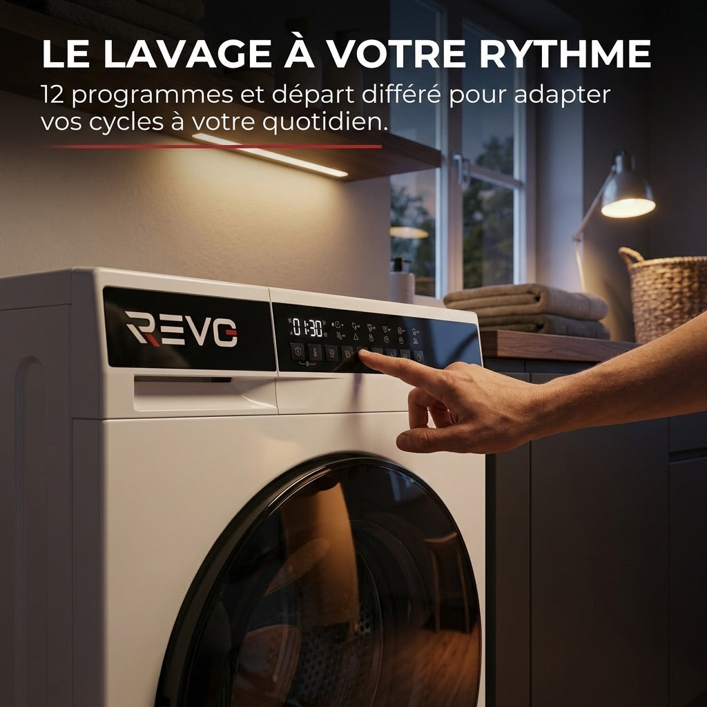 Lave-Linge REVO Pure 7 – Machine à Laver 7 kg – Classe A – 1 200 tr/min – 12 Programmes – Vapeur
