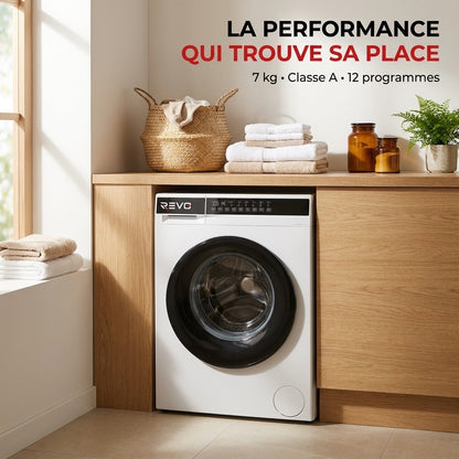 Lave-Linge REVO Pure 7 – Machine à Laver 7 kg – Classe A – 1 200 tr/min – 12 Programmes – Vapeur