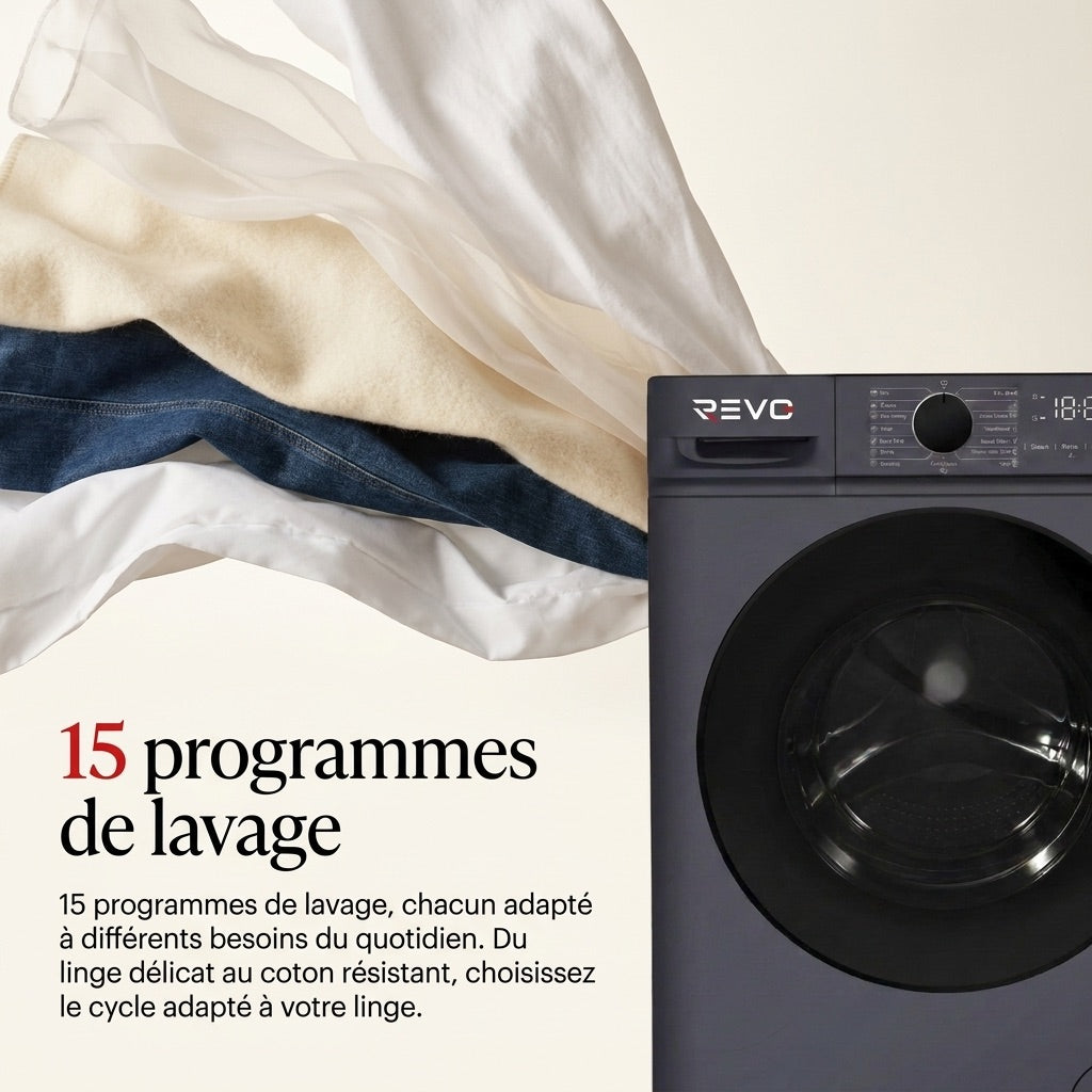 Lave-Linge Hublot REVO Nova 7 – Machine à Laver 7 kg – Classe A – 1200 tr/min – 15 Programmes & Vapeur.