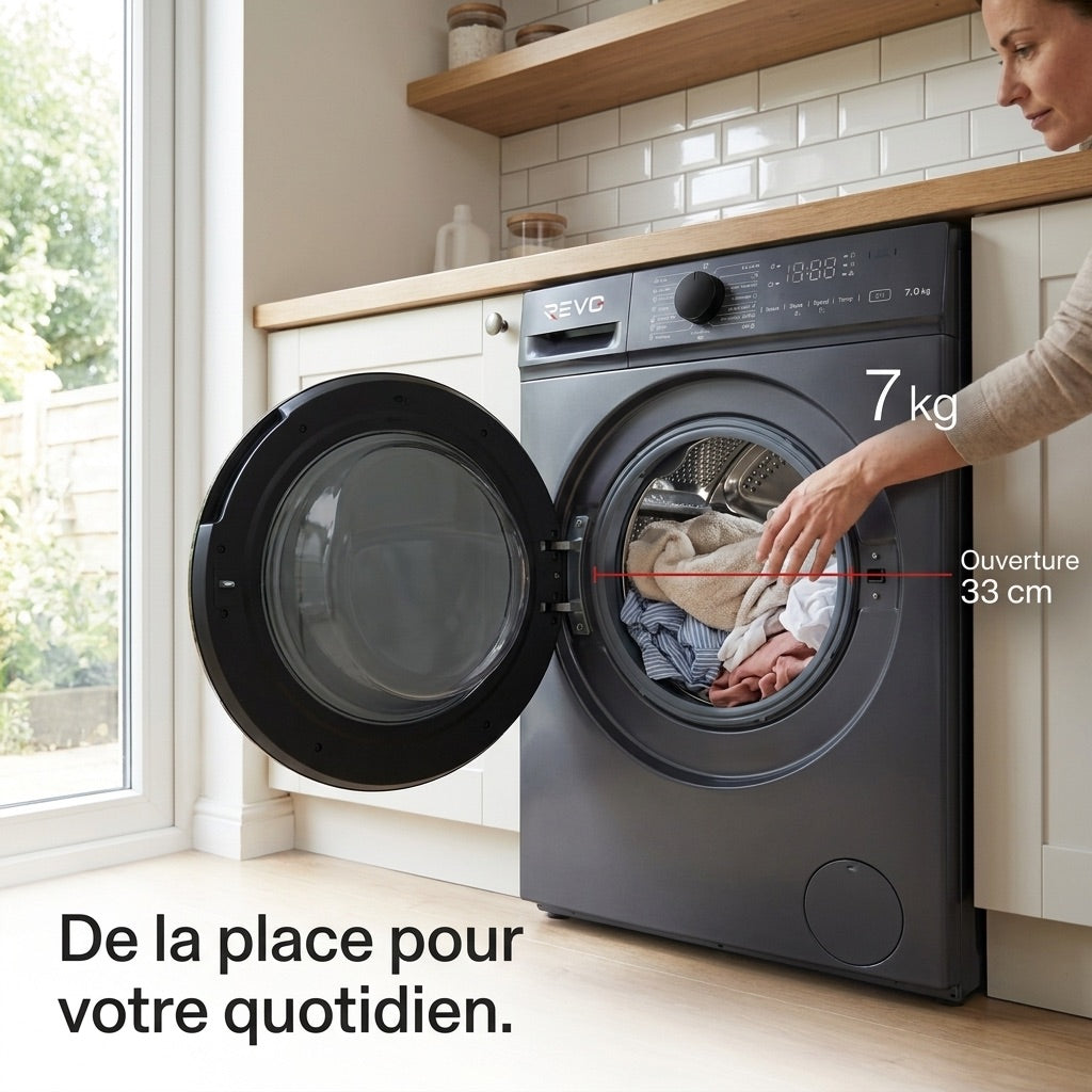 Lave-Linge Hublot REVO Nova 7 – Machine à Laver 7 kg – Classe A – 1200 tr/min – 15 Programmes & Vapeur.