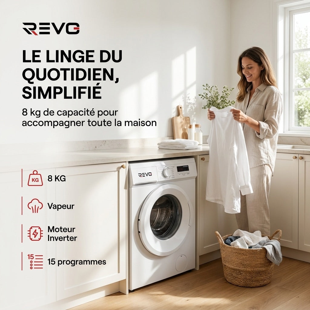 Lave-Linge Hublot REVO Élégance 8 – Machine à Laver 8 kg – Classe A – 1400 tr/min – 15 Programmes, Vapeur & Format Slim