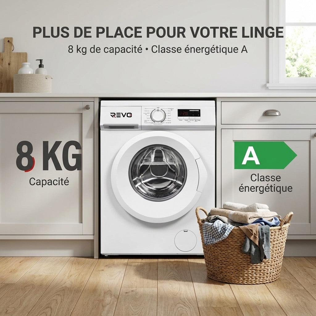 Lave-Linge Hublot REVO Élégance 8 – Machine à Laver 8 kg – Classe A – 1400 tr/min – 15 Programmes, Vapeur & Format Slim