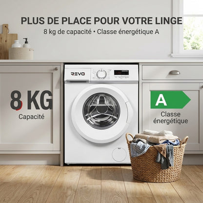 Lave-Linge Hublot REVO Élégance 8 – Machine à Laver 8 kg – Classe A – 1400 tr/min – 15 Programmes, Vapeur & Format Slim