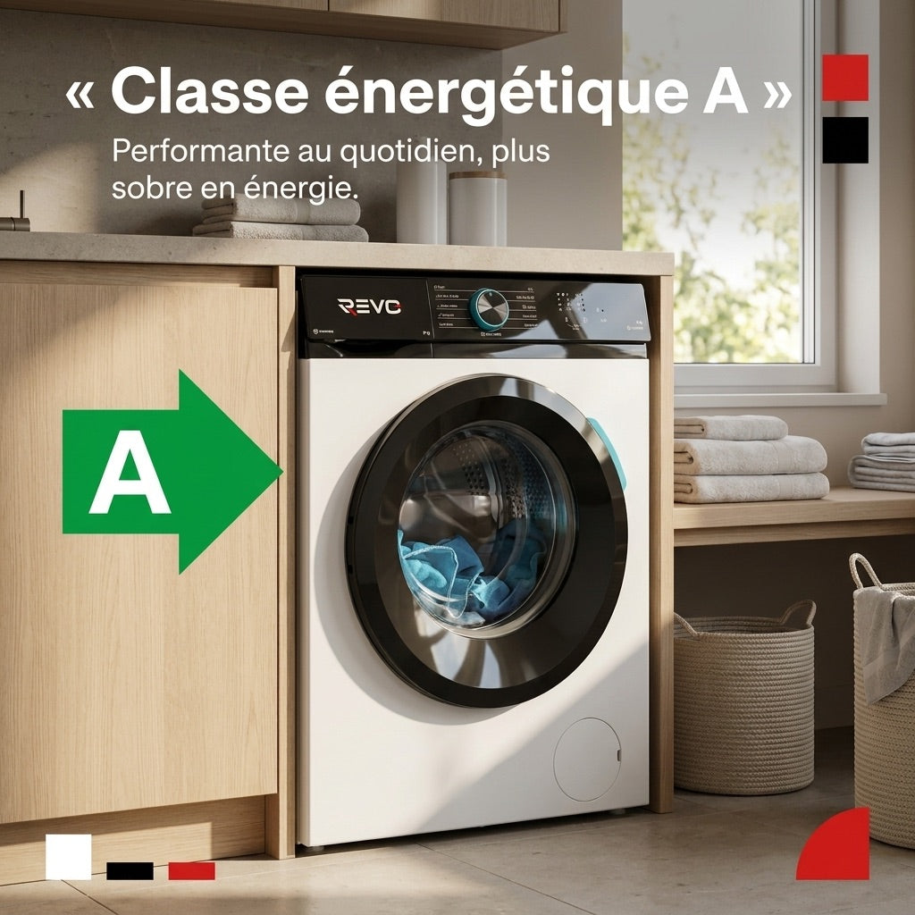 Lave-Linge Hublot REVO Pureva 8 – Machine à Laver 8 kg – Classe A – 1200 tr/min – 11 Programmes – Vapeur & Moteur Inverter