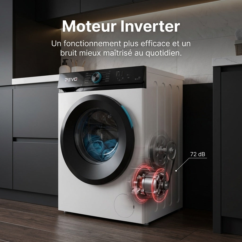 Lave-Linge Hublot REVO Pureva 8 – Machine à Laver 8 kg – Classe A – 1200 tr/min – 11 Programmes – Vapeur & Moteur Inverter