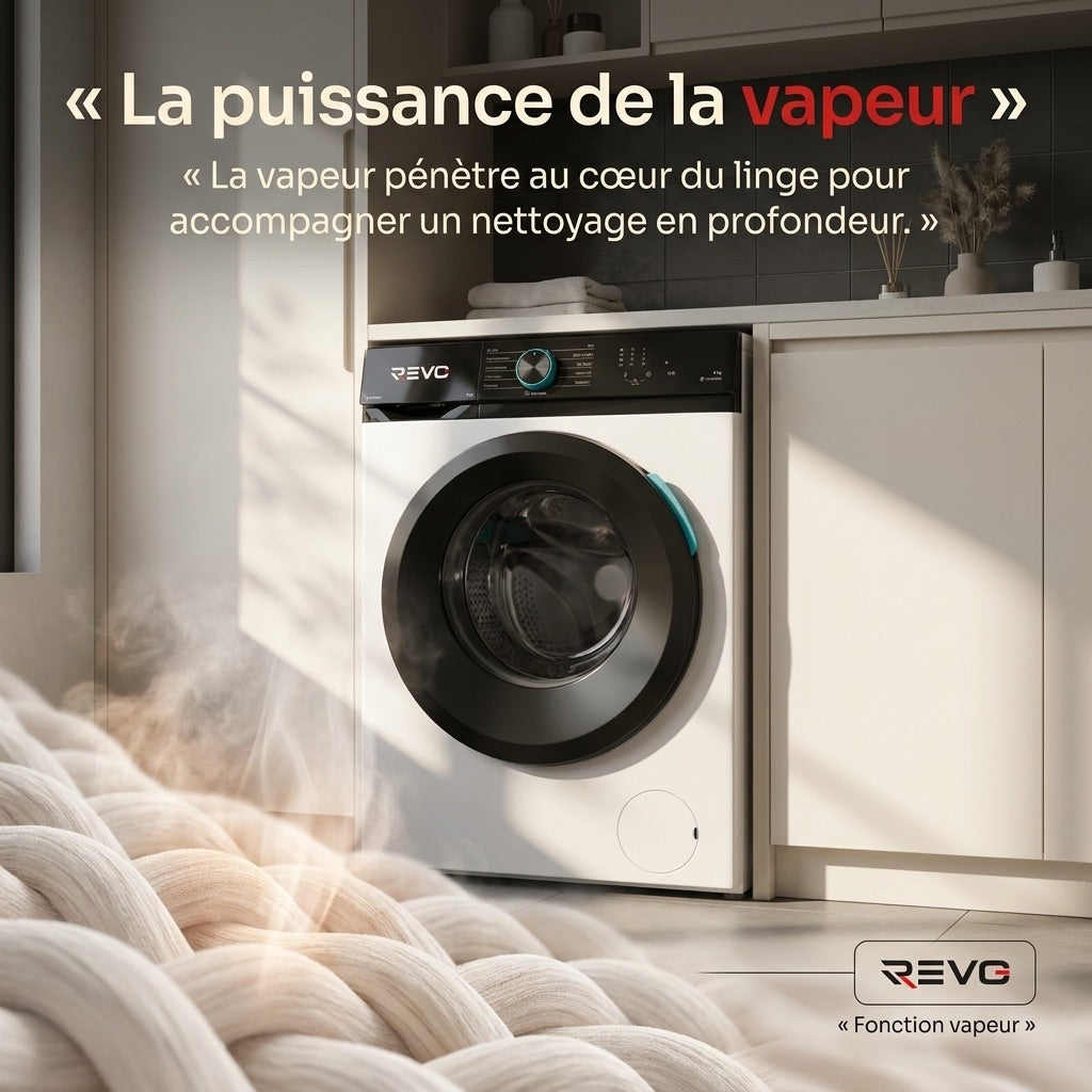 Lave-Linge Hublot REVO Pureva 8 – Machine à Laver 8 kg – Classe A – 1200 tr/min – 11 Programmes – Vapeur & Moteur Inverter