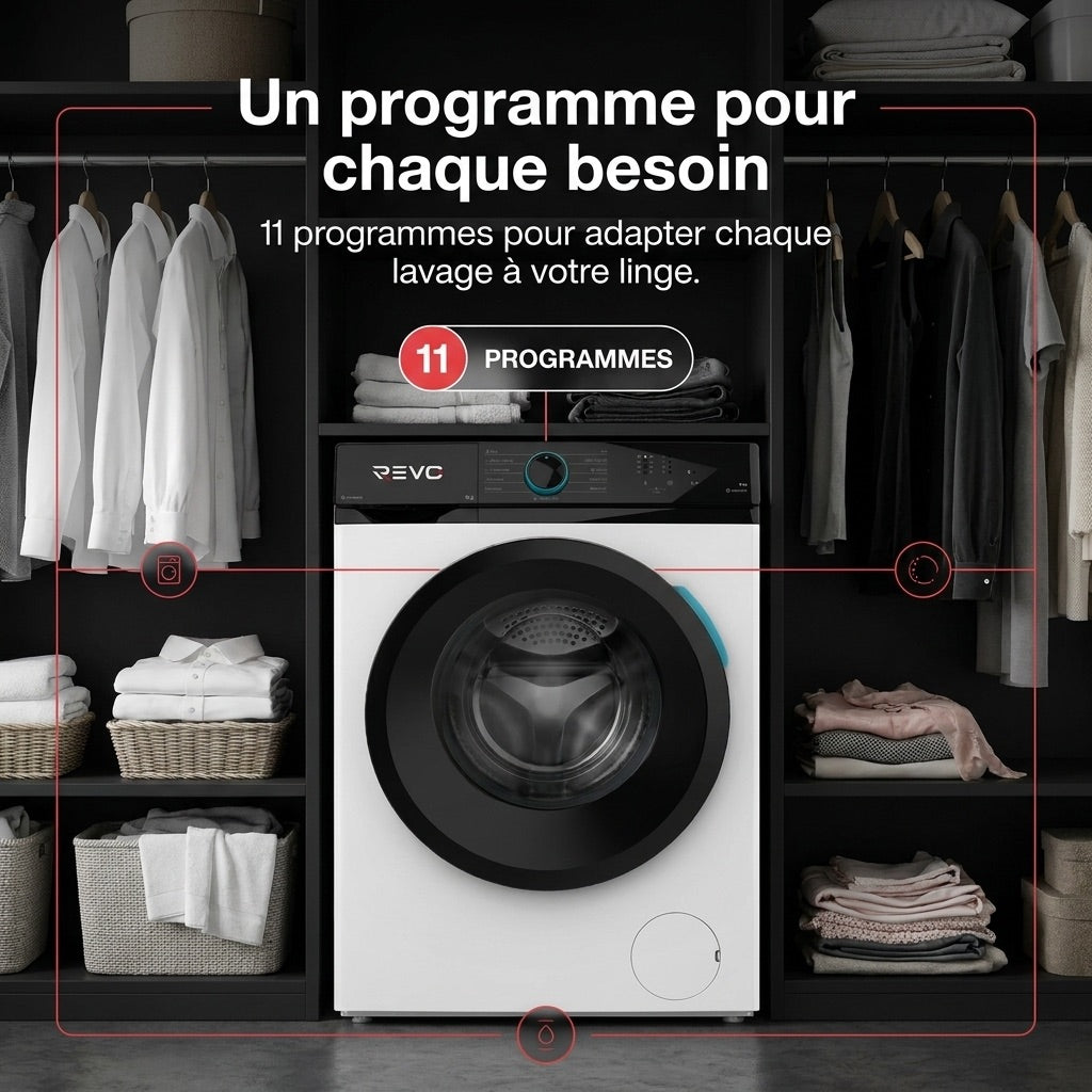 Lave-Linge Hublot REVO Pureva 8 – Machine à Laver 8 kg – Classe A – 1200 tr/min – 11 Programmes – Vapeur & Moteur Inverter