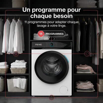 Lave-Linge Hublot REVO Pureva 8 – Machine à Laver 8 kg – Classe A – 1200 tr/min – 11 Programmes – Vapeur & Moteur Inverter