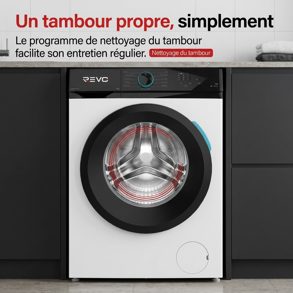 Lave-Linge Hublot REVO Pureva 8 – Machine à Laver 8 kg – Classe A – 1200 tr/min – 11 Programmes – Vapeur & Moteur Inverter