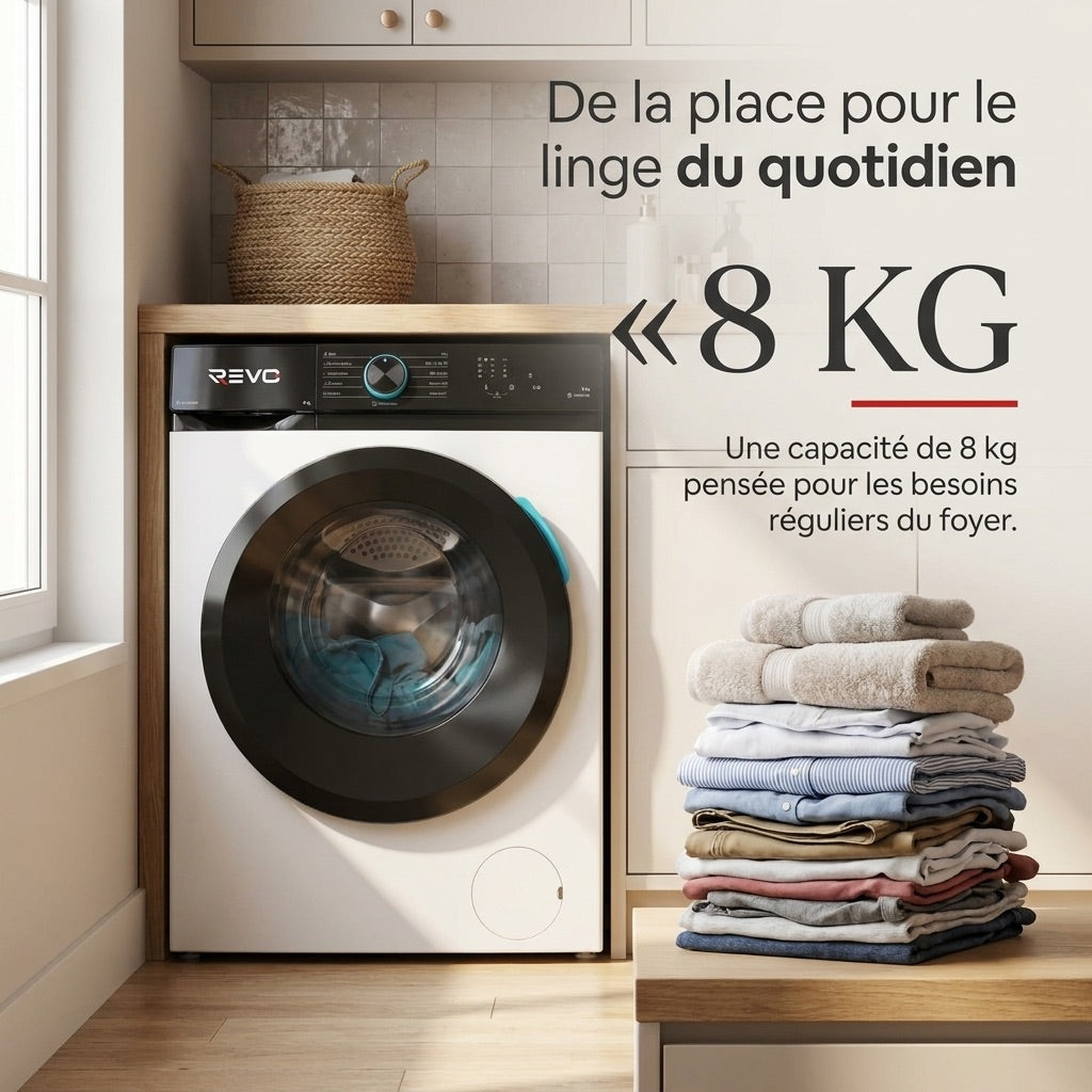 Lave-Linge Hublot REVO Pureva 8 – Machine à Laver 8 kg – Classe A – 1200 tr/min – 11 Programmes – Vapeur & Moteur Inverter