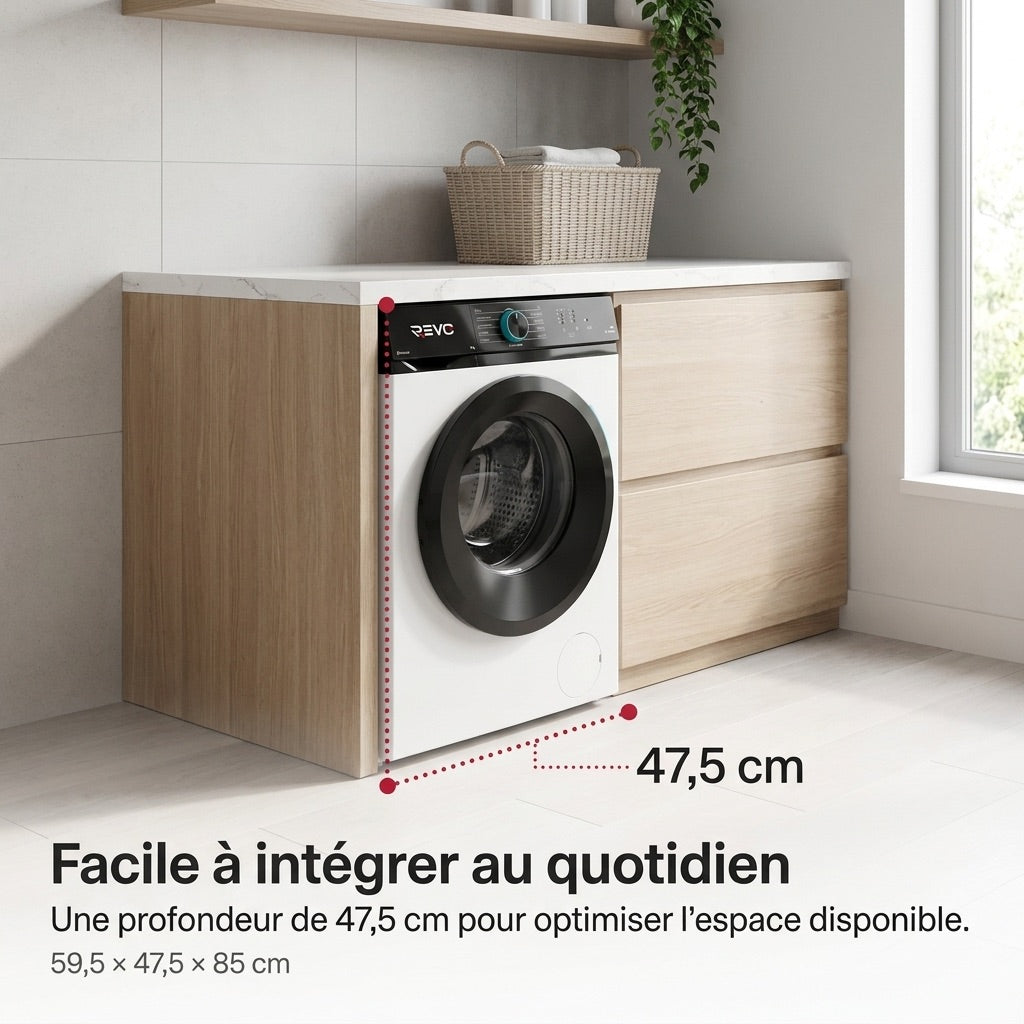 Lave-Linge Hublot REVO Pureva 8 – Machine à Laver 8 kg – Classe A – 1200 tr/min – 11 Programmes – Vapeur & Moteur Inverter