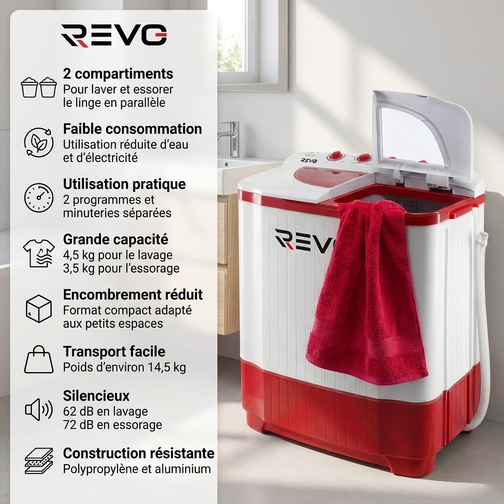 Mini Lave-Linge REVO Nomad 4.5 – Machine à Laver Portable 4,5 kg – Essorage 3,5 kg – 2 Compartiments – 1320 tr/min