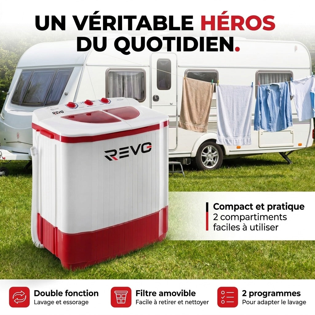 Mini Lave-Linge REVO Nomad 4.5 – Machine à Laver Portable 4,5 kg – Essorage 3,5 kg – 2 Compartiments – 1320 tr/min