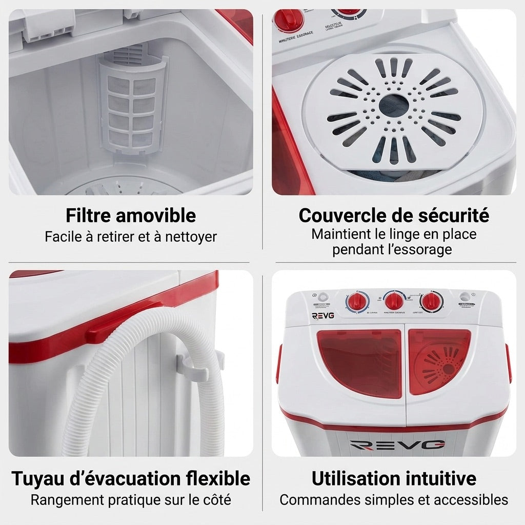 Mini Lave-Linge REVO Nomad 4.5 – Machine à Laver Portable 4,5 kg – Essorage 3,5 kg – 2 Compartiments – 1320 tr/min