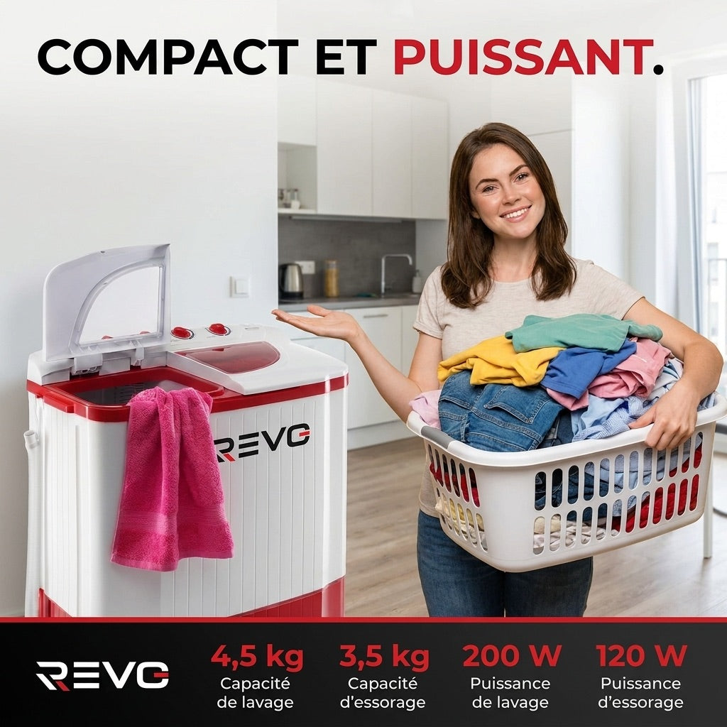 Mini Lave-Linge REVO Nomad 4.5 – Machine à Laver Portable 4,5 kg – Essorage 3,5 kg – 2 Compartiments – 1320 tr/min