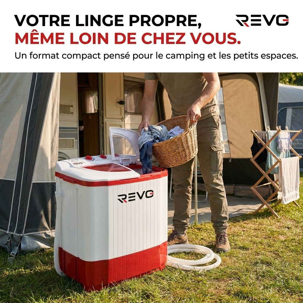 Mini Lave-Linge REVO Nomad 4.5 – Machine à Laver Portable 4,5 kg – Essorage 3,5 kg – 2 Compartiments – 1320 tr/min