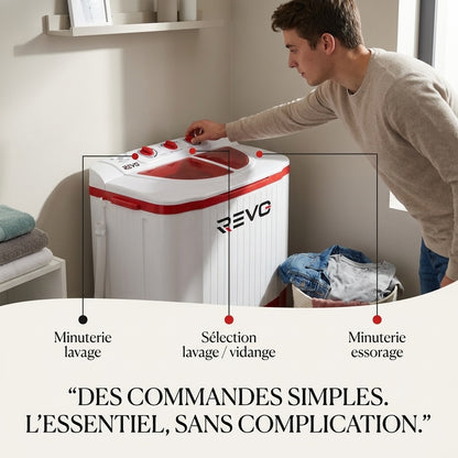 Mini Lave-Linge REVO Nomad 4.5 – Machine à Laver Portable 4,5 kg – Essorage 3,5 kg – 2 Compartiments – 1320 tr/min